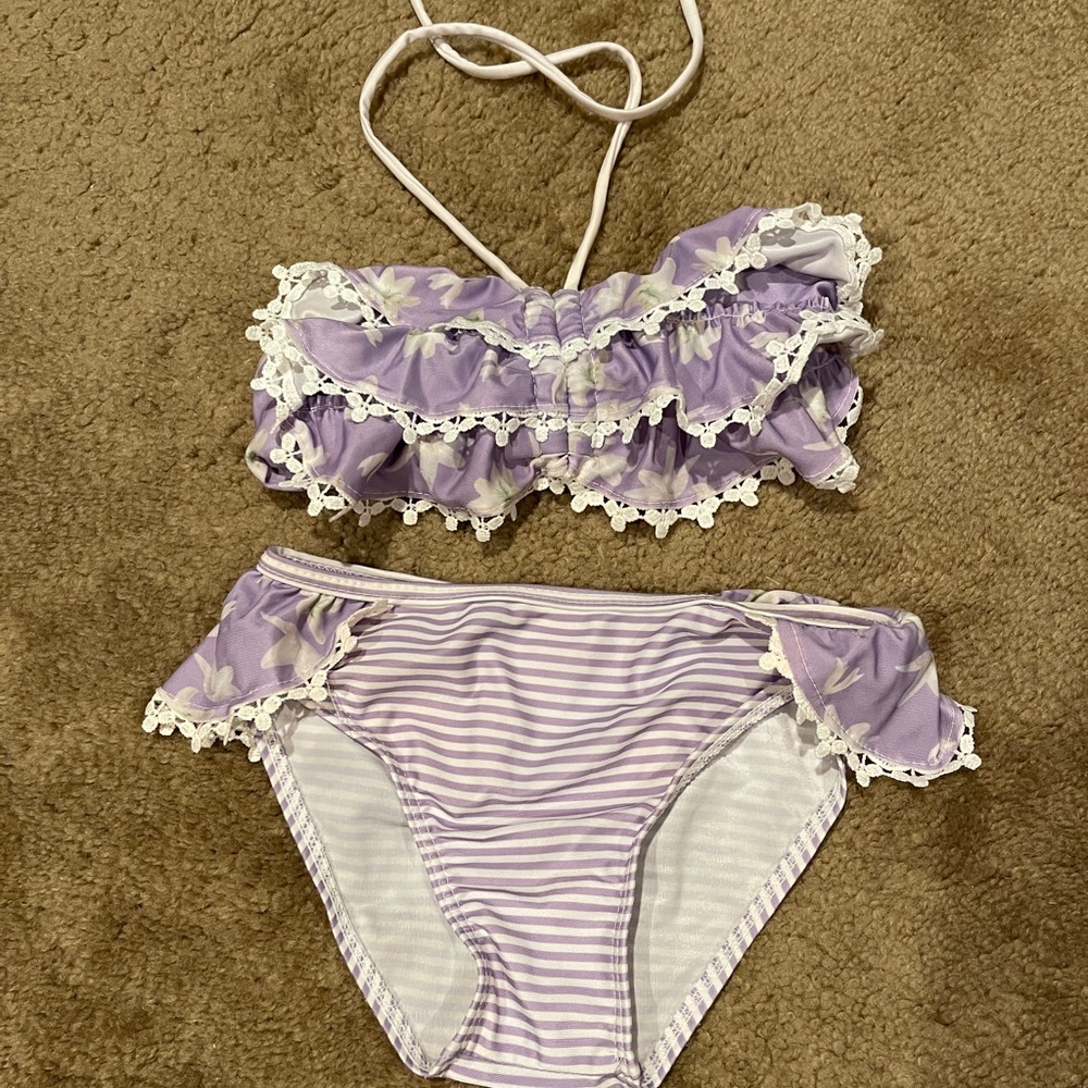 NWT Biscotti purple flower Ruffle bathing suit